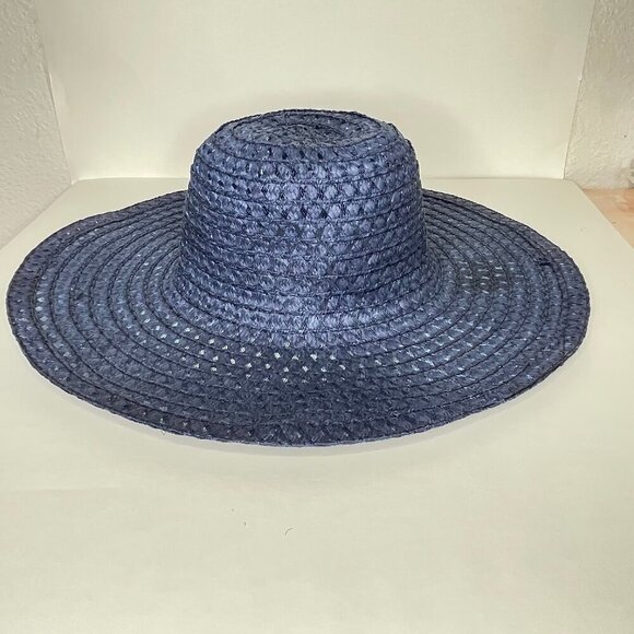 Vintage Navy Straw Wide Brim Sun Hat Dark Coastal Boho Open Basket Weave Floppy main image 5